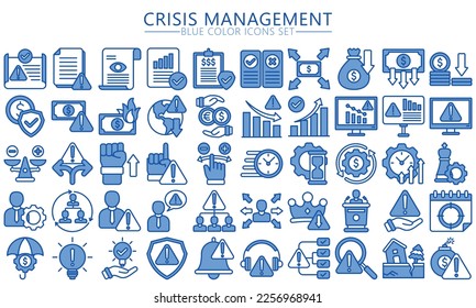 Crisis management blue color icons set. contain finance, business, document, warning, money and more. Vector EPS 10 ready convert to SVG. use for modern concept, UI or UX kit, web and app