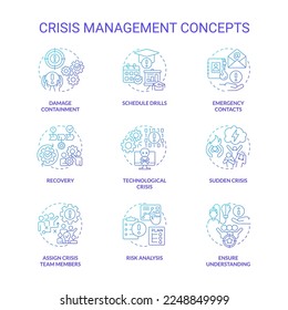 Symbole für das Krisenmanagement mit blauem Farbverlauf-Konzept festgelegt. Präventivmaßnahmen. Risikomanagement-Idee, Illustrationen in dünnen Linien. Isolierte Symbole. Verwendung von Roboter-Medium, Myriad Pro-Fett-Schriftarten