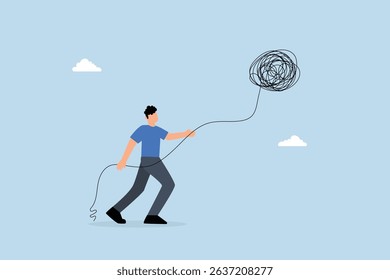 Crisis management, businessman calmly control and unravel mess line issue.	