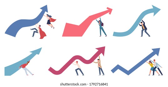 Crisis management. Businessmen change business direction pushing upwards financial chart arrow, market panic economic risks, economy strategy to stop economic crisis vector flat cartoon characters set