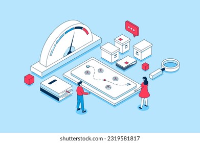 Crisis management concept in 3d isometric design. People analyzing data and speedometer, brainstorming, creatine new route, solving problem. Vector illustration with isometry scene for web graphic