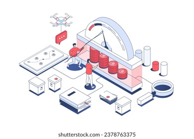 Crisis management concept in 3d isometric design. Manager team analyzing speedometer data, finding recovery solution, solving problems. Vector illustration with isometry people scene for web graphic