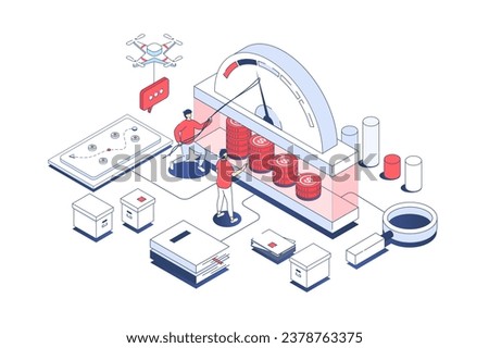 Crisis management concept in 3d isometric design. Manager team analyzing speedometer data, finding recovery solution, solving problems. Vector illustration with isometry people scene for web graphic
