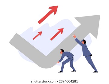 Crisis management concept. Businessmen change business direction pushing upwards financial chart arrow. Success strategy to stop economic crisis, avoiding recession. Vector flat illustration