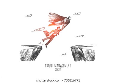 Crisis management concept. Hand drawn saving businessman from the crisis. Superhero helps businessman to solve the problem isolated vector illustration.