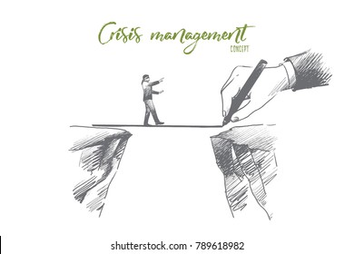 Crisis management concept. Hand drawn businessman is walking on a rope, symbol of crisis time in bussiness. Risking and making careful steps isolated vector illustration.