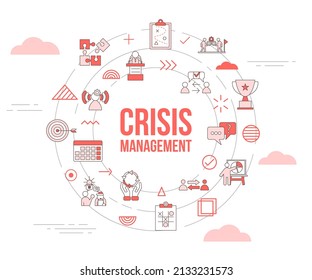 concepto de gestión de crisis con banner de plantilla de conjunto de iconos y forma redondeada de círculo