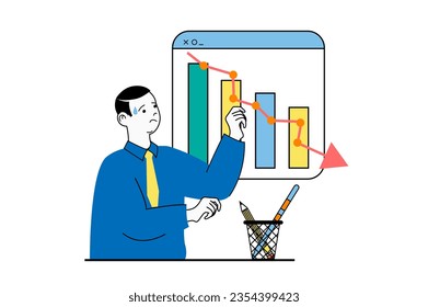 Crisis management concept with people scene in flat web design. Man monitoring investments and financial diagrams with negative trend. Vector illustration for social media banner, marketing material.