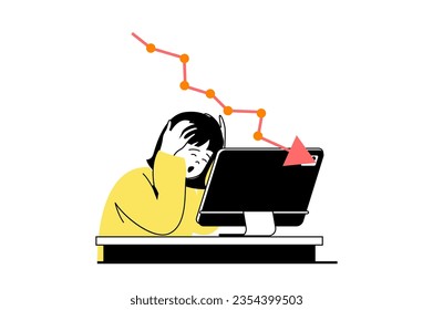 Crisis management concept with people scene in flat web design. Despair woman gets bankruptcy challenge and financial recession arrow. Vector illustration for social media banner, marketing material.