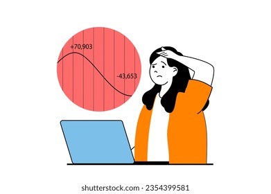 Crisis management concept with people scene in flat web design. Woman analyzing financial recession and monitoring stock market trends. Vector illustration for social media banner, marketing material.