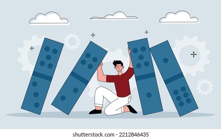 Crisis management concept. Young guy trying to keep falling dominoes. Deadline and pressure in workplace. Overworked employee, inefficient workflow. Poster or banner. Cartoon flat vector illustration