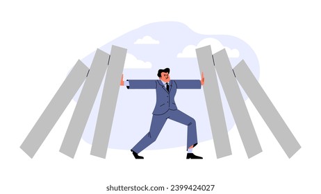 Crisis management design concept, man holding falling dominoes, vector illustration isolated on white background. Businessman, working male character helps business. Flat cartoon style