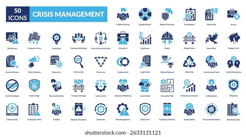 Crisis management fill icon collection set. Includes emergency, risk, recovery, planning, strategy, communication, preparation, resilience, mitigation, leadership, response, evaluation, security