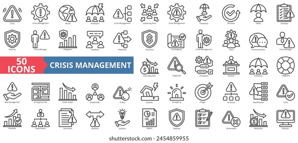 Symbol für die Kollektion des Krisenmanagements. Enthält Welt, Schutz, Sammelpunkt, Wiederherstellung, Sicherheit, Checkliste, Sicherheitssymbol. Einfache Vektorgrafik.