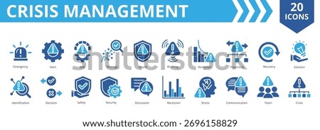 Crisis Management icon collection set. Containing emergency, alert, risk, strategy, shield, warning, reduction, prediction icon. Simple flat vector
