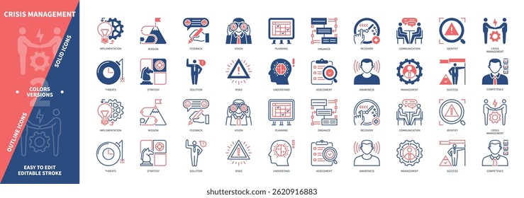 Crisis Management icon set. Identify, Implementation, Awareness, Recovery, Feedback, Strategy, Success, Assessment. Duotone color solid and editable outline icons