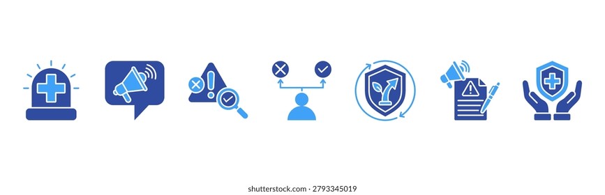 Crisis Management icon set includes Emergency Response, Communication, Risk Assessment, Decision Making, Recovery Plan, Incident Reporting, and Support for emergency situations.