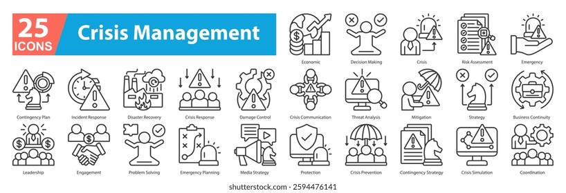 Crisis Management icon sheet line style economic, decision making, crisis, risk assessment, emergency, contingency plan, incident response, disaster recovery, crisis response, damage control