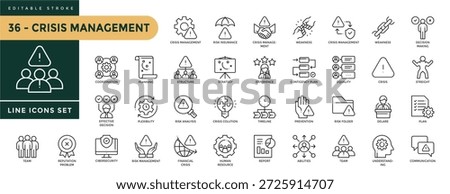 Crisis Management icons set with editable stroke, including coordination, planning, structure, risk analysis, financial crisis, plexibility, weakness, team, declare,. Thin linear vector illustration