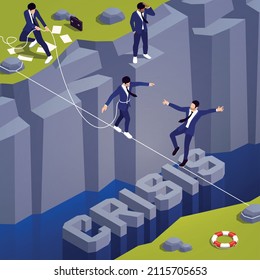 Crisis Management Isometric Composition With Business Men Balancing On The Rope Vector Illustration