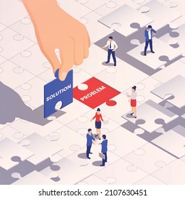 Crisis Management Isometric Concept With Business People Solving Puzzle Vector Illustration