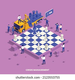 Crisis Management Isometric Concept With Business People Around Chess Board Vector Illustration