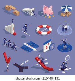 Crisis Management Isometric Set With Economic Recession Symbols Isolated Vector Illustration