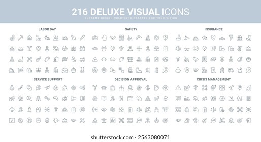 Crisis management, life and business insurance, decision approval, labor safety line icon set. Investment protection strategy, support maintenance service thin black outline symbol vector illustration