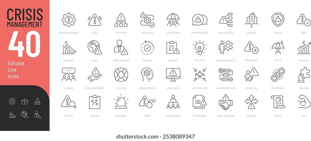 Conjunto de ícones editáveis da linha de gerenciamento de crises. Ilustração vetorial em estilo de linha fina moderna de ícones relacionados a negócios: proteção, decisão, estratégia e muito mais. Pictogramas e infográficos para aplicativo móvel