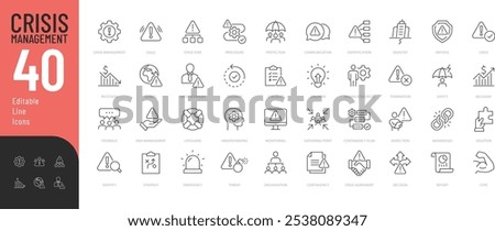 Crisis Management Line Editable Icons set. Vector illustration in modern thin line style of business related icons: protection, decision, strategy, and more. Pictograms and infographics for mobile app