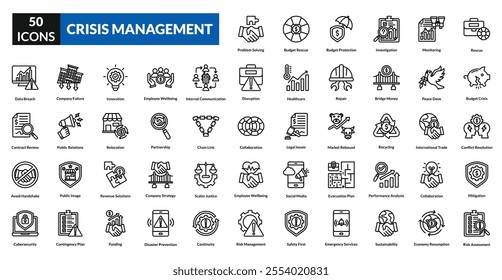 Crisis management line icon collection set. Includes emergency, risk, recovery, planning, strategy, communication, preparation, resilience, mitigation, leadership, response, evaluation, security