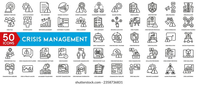 Iconos de la línea de administración de crisis. Para el diseño de marketing de sitios web Análisis de riesgos, Plan de inversión, Decisión de gestión.