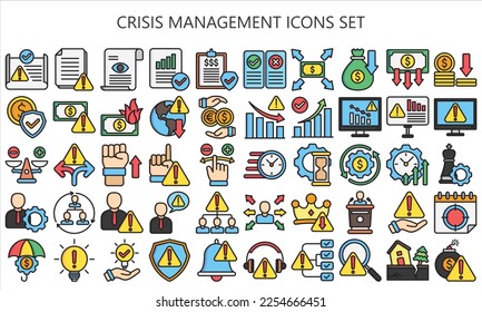 crisis management lineal multi color icons set. contain finance, business, document, warning, money and more. Vector EPS 10 ready convert to SVG. use for modern concept, UI or UX kit, web and app