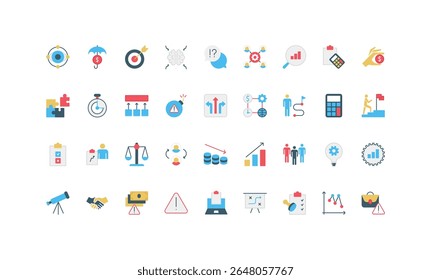 Métodos de gestão de crises, conselhos e comunicação de equipe, plano de desenvolvimento conjunto de ícone de cor. Estratégia de prevenção de riscos, sinais de alerta de ameaça e inspeção de dados, ilustração de vetor plano de garantia