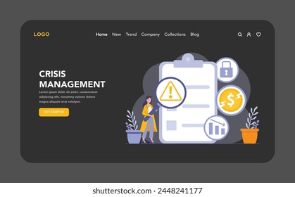 Crisis Management night or dark mode web or landing page. A vigilant professional scrutinizes financial risks, ensuring preparedness for unforeseen business challenges. Proactive threat mitigation.