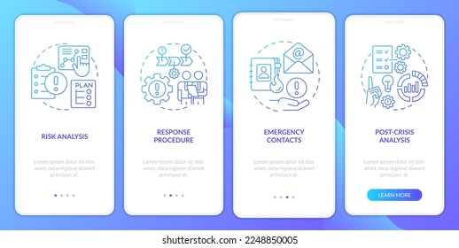 Crisis management plan blue gradient onboarding mobile app screen. Walkthrough 4 steps graphic instructions with linear concepts. UI, UX, GUI template. Myriad Pro-Bold, Regular fonts used