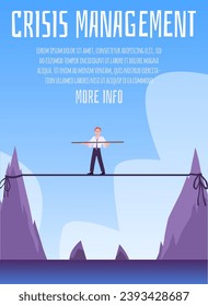 Crisis management, poster with man on a tightrope, vector illustration. Businessman, male character walks on a rope between mountains maintains balance. Business design concept in flat cartoon style