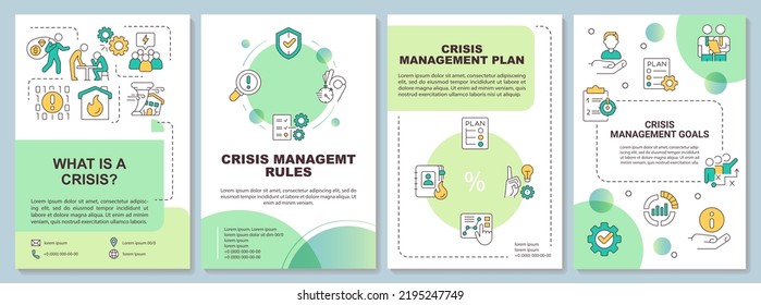 Crisis management process green brochure template. Leaflet design with linear icons. Editable 4 vector layouts for presentation, annual reports. Arial-Black, Myriad Pro-Regular fonts used