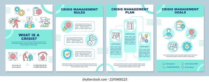 Crisis management process turquoise brochure template. Leaflet design with linear icons. Editable 4 vector layouts for presentation, annual reports. Arial-Black, Myriad Pro-Regular fonts used