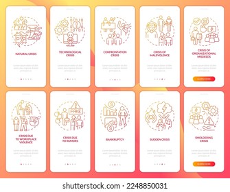 Crisis management red gradient onboarding mobile app screen set. Risks types walkthrough 5 steps graphic instructions with linear concepts. UI, UX, GUI template. Myriad Pro-Bold, Regular fonts used