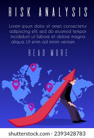 Crisis management, risk analysis, poster with man, vector illustration . Businessman, male character rests his back against the red arrow, with a world map in the background. Business design concept