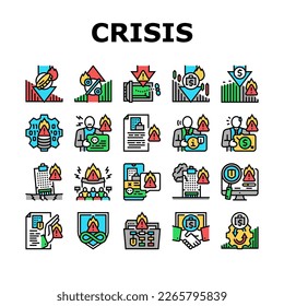 crisis management risk strategy icons set vector. man finance, management businessman, success solution, leadership control problem crisis management risk strategy color line illustrations
