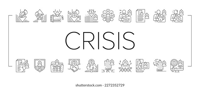 crisis management risk strategy icons set vector. man finance, management businessman, success solution, leadership control problem crisis management risk strategy black contour illustrations