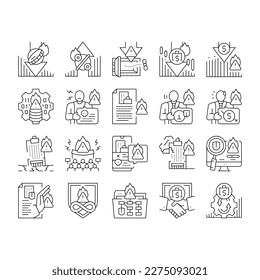 crisis management risk strategy icons set vector. man finance, management businessman, success solution, leadership control problem crisis management risk strategy black contour illustrations