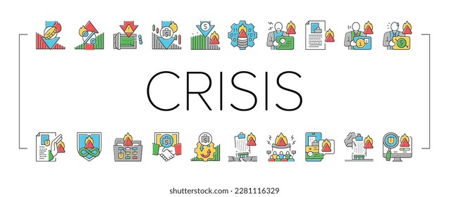 crisis management risk strategy icons set vector. man finance, management businessman, success solution, leadership control problem crisis management risk strategy color line illustrations