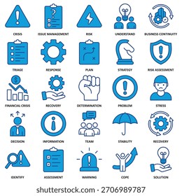 Gestión de crisis Conjunto de 25 Ilustración vectorial de iconos delgados Duotone