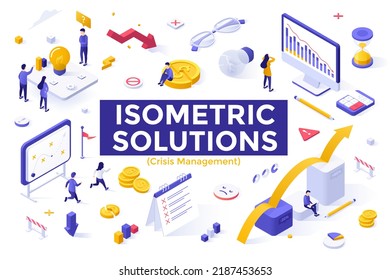 Crisis management set - descending charts, people searching for solution of problem, rescuing business project. Bundle of isometric design elements isolated on white background. Vector illustration.