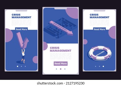 Crisis Management Set With Mobile Phones And Business Recovery Symbols Isometric Vector Illustration