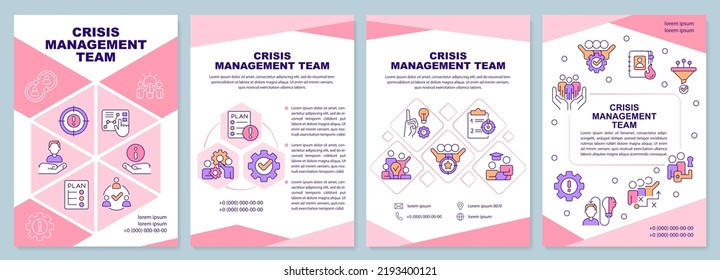 Crisis management team pink brochure template. Leaflet design with linear icons. Editable 4 vector layouts for presentation, annual reports. Arial-Black, Myriad Pro-Regular fonts used