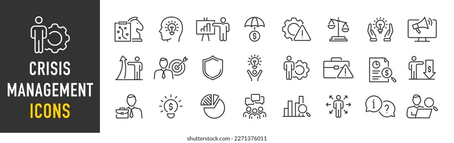 Crisis management web icon set in line style. Management, risk, business strategy, feedback, assessment, protection, crisis, collection. Vector illustration.